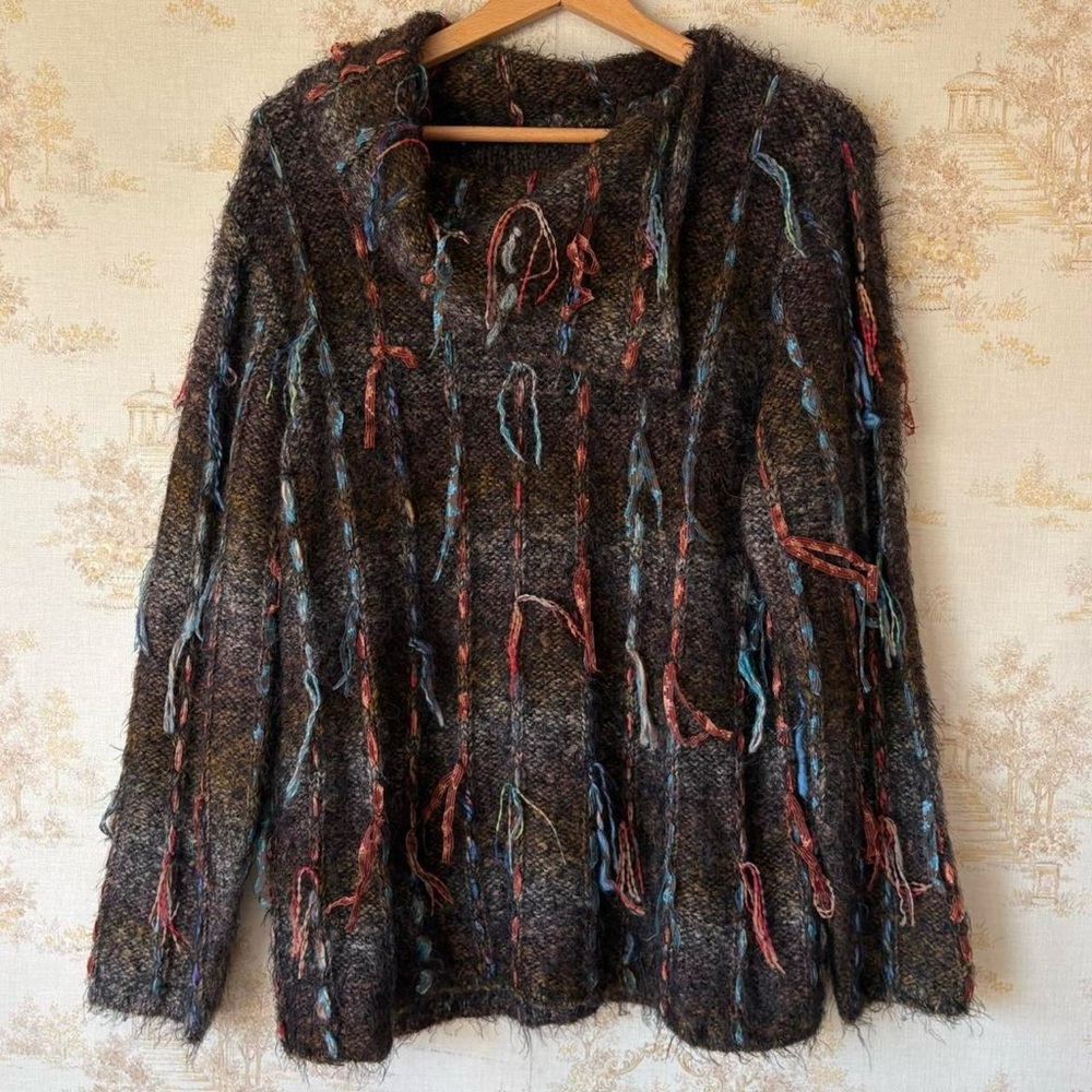 Vintage Chico’s brown multicolor mohair art teacher fringe statement sweater